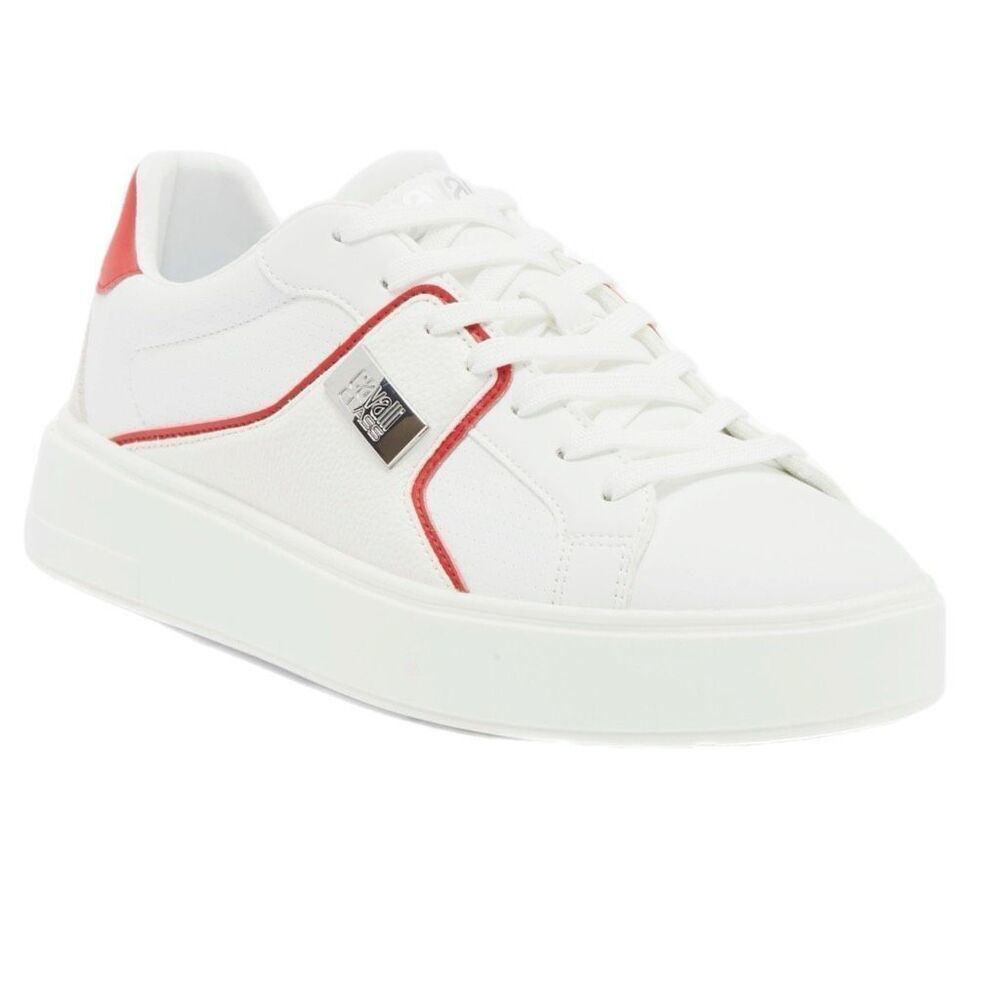 NWT Roberto Cavalli metal logo low top men sneaker in white with red accent Size